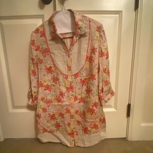 Cien Women's Button Down Floral Blouse 3/4 Sleeve Point Collar Top